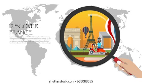 Infografik zu Reisen.Paris; willkommen in Frankreich. entdecken Sie france;Weltkarte mit Glass-Magnifying,Hand, die Lupe-Glas hält,Entdecken Sie France-Konzept.