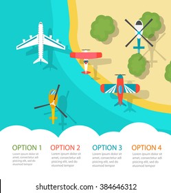 Travel infographics or background with flying planes and helicopters and tropical island top view, vector illustration