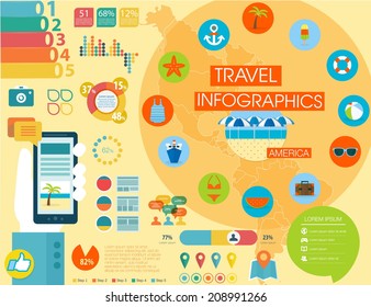 Travel infographics with data icons and elements, map of North  and South America. Flat style