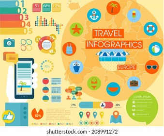 Travel infographics with data icons and elements, map of Europe. Flat style