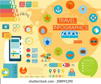 Travel infographics with data icons and elements, map of World. Flat style