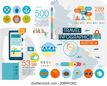 Travel Infographics With Data Icons And Elements, Map Of North And South America. Flat Style