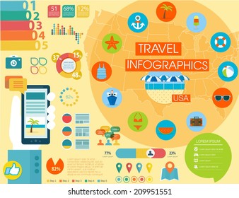 Travel infographics with data icons and elements, map of USA. Flat style