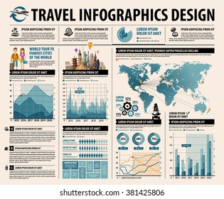 travel infographics design. set of graphs, diagrams and world map. vector illustration