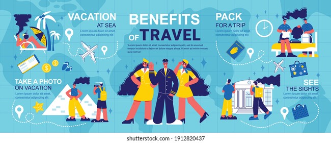 Travel infographics with editable text captions location signs routes airplane tickets and suitcase icons with people vector illustration