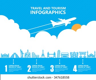 Infografía de viajes, puntos de referencia y transporte