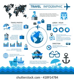 Travel infographics set with charts and types of tourism, places of frequent tourists vector illustration