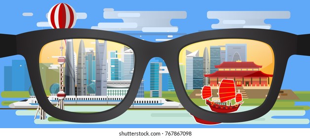 Travel infographic.Shanghai infographic. Sunglasses with a reflection of Landmarks in China.