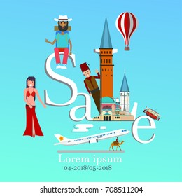 Travel infographic.Turkey  infographic, sale  lettering and famous landmarks ,Discover Turkey concept.