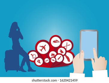 Travel information apps concept vector. Girl traveler is  sitting on suitcase over a group of info pointers.  Smart phone with blank display is in the corner vector. All potential trademarks  removed.