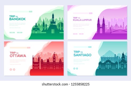 Folleto de información sobre viajes juego de tarjetas. Paisaje en Tailandia, Malasia, Canadá, Chile de plantilla de año de vuelo, banner web, ui cabezal, entrar en el sitio. Diseño moderno 