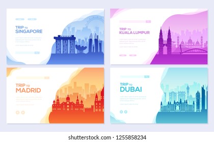 Folleto de información sobre viajes juego de tarjetas. Paisajista de Singapur, Kuala Lumpur, Madrid, Dubai de plantilla de año de vuelo, banner web, ui cabezal, entrar en el sitio. Diseño moderno