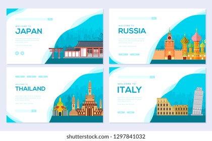 Travel information brochure card set. Landscape country Japan, Russia, Thailand, Italy of template of flyear, web banner, ui header, enter site. Layout invintation modern