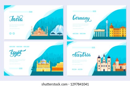 Travel information brochure card set. Landscape country India, Germany, Egypt, Austria of template of flyear, web banner, ui header, enter site. Layout invintation modern