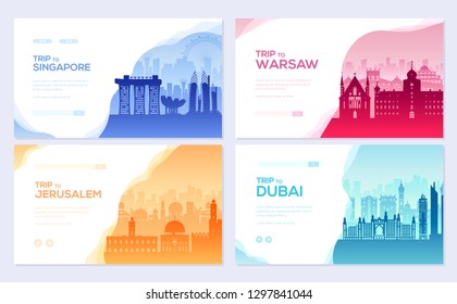 Travel information brochure card set. Landscape country Singapore, Warsaw, Jerusalem, Dubai of template of flyear, web banner, ui header, enter site. Layout invintation modern