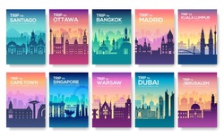 Travel Information Cards. Landscape Template Of Flyear, Magazines, Posters, Book Cover, Banners. Country Of Chile, Canada, Thailand, Spain, Malaysia, Africa, Asia, Poland, UAE And Jerusalem Set
