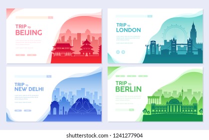Travel information cards. Landscape template of flyear, magazines, posters, book cover, banners. Country of England, China, Germany, India, Japan, USA, France and Egypt set. Layout city pages