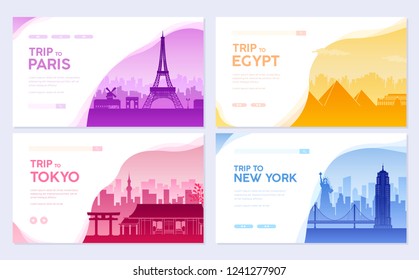 Travel information cards. Landscape template of flyear, magazines, posters, book cover, banners. Country of Japan, USA, France and Egypt set. Layout city pages