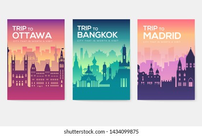 Travel information cards. Landscape template of flyear, magazines, posters, book cover, banners. Country of Chile, Canada, Thailand, Spain, Malaysia, Africa, Asia, Poland, UAE and Jerusalem set