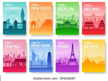 Travel information cards. Landscape template of flyear, magazines, posters, book cover, banners. Country of England, China, Germany, India, Japan, USA, France and Egypt set. Layout city pages