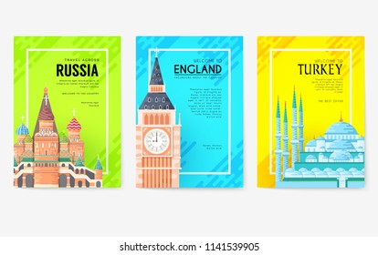 Travel information cards set. Landscape template of flyear, magazines, posters, book cover, banners. Layout city pages. Vector package greeting card or invitation design background