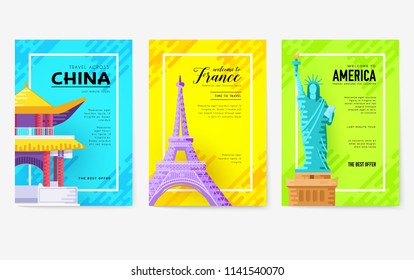Travel information cards set. Landscape template of flyear, magazines, posters, book cover, banners. Layout city pages. Vector package greeting card or invitation design 