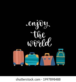 Travel inspiration quote and journey items. Positive phrase about trip or adventure. Trendy style lettering, flat elements and dry brush texture. Vector illustration for posters, advertisement or web.