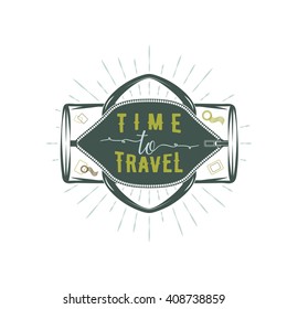 Travel inspiration quote on travelbag with lettering, sun burst. Vintage stamp, label, card design. Travelling logo. Vector graphics and emblem for web or print. Motivation text - time to travel