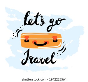 Travel inspiration quotes on suitcase silhouette. The best time to travel. Pack your bags for a great adventure. Lets go travel. Motivation for traveling poster typography.