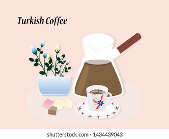 Travel inspiration with Turkish coffee and piece of Turkish Delight,Turkey's most popular drink ,paper art style.