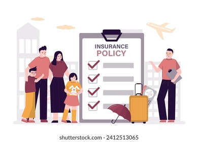 Travel insurance for all family. Agent give insurance policy. Safety travel, parents and children with passport, tickets and suitcase. Family trip, protective vacation. flat vector illustration