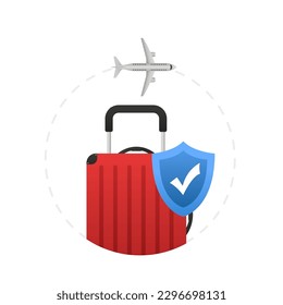 Travel insurance banner concept. Red traveling luggage suitcase and airplane trip protect by blue shield with check mark. Flight safety symbol. Aircraft journey risk protection. Vector illustration