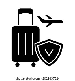 Travel Insurance Black Glyph Icon. Covering Traveling Costs And Losses. Reimbursement For Last-minute Flight Delay And Cancellation. Silhouette Symbol On White Space. Vector Isolated Illustration