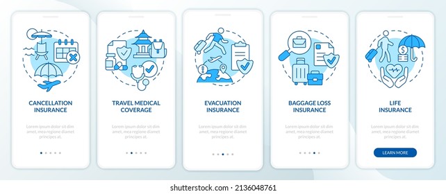 Travel insurance blue onboarding mobile app screen. Tourist coverage walkthrough 5 steps graphic instructions pages with linear concepts. UI, UX, GUI template. Myriad Pro-Bold, Regular fonts used