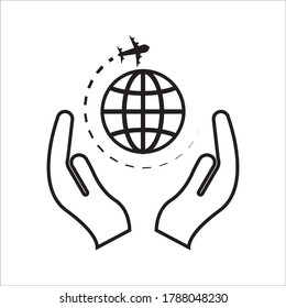 Travel insurance and business travel concepts. Insurance agent or businessman with protective gesture and icon of plane and globe.