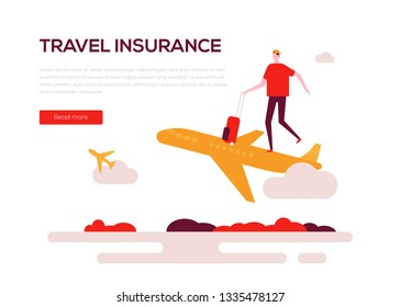 Travel insurance - colorful flat design style web banner on white background with copy space for text. High quality composition with a man going on vacation by plane. Safe tourism, journey concept