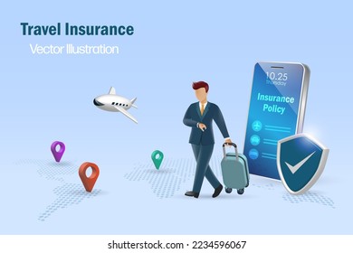 Travel insurance concept. Businessman carrying luggage at airport with travel insurance policy and protection shield on smartphone. 3D vector.