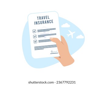 Travel Insurance concept. Drawn hand holds medical or travel insurance contract document. Vector illustration isolated on white background with icons