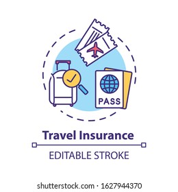 Travel insurance concept icon. Policy coverage for international tourism. Pre-paid service. Safety plan idea thin line illustration. Vector isolated outline RGB color drawing. Editable stroke