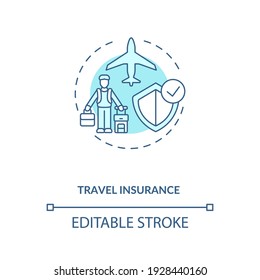 Travel Insurance Concept Icon.Traveling During Covid 19 Pandemic Idea Thin Line Illustration. Necessary Security. Quarantine Measures. Vector Isolated Outline RGB Color Drawing. Editable Stroke