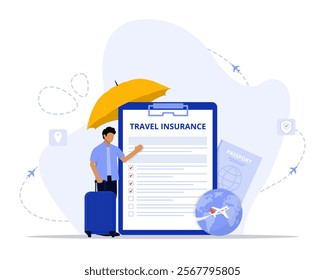 travel insurance concept illustration. Suitable for landing page, ui, web, App intro card, editorial, flyer, and banner.