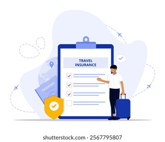 travel insurance concept illustration. Suitable for landing page, ui, web, App intro card, editorial, flyer, and banner.