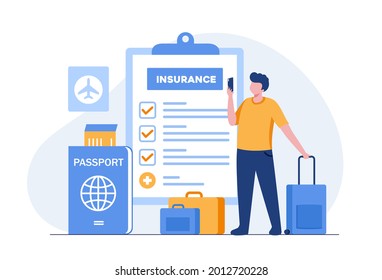 Travel Insurance Concept. Man With Bag And Passport Flat Vector Illustration Banner And Landing Page