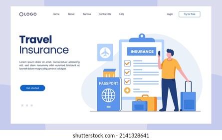 Travel insurance concept. Man with bag and umbrella representing protection flat vector illustration banner and landing page