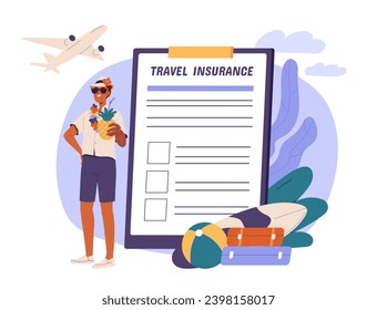 Travel insurance concept. Man with contract. Care about health and baggage. Tourism and trip. Holiday and vacation. Cartoon flat vector illustration isolated on white background