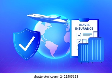 Travel insurance concept. Travel insurance policy with airplane, luggage and protection shield on smartphone vector illustration