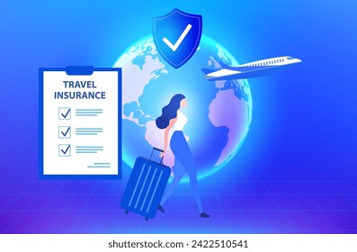 Travel insurance concept. Travel insurance policy with airplane, luggage and protection shield on smartphone vector illustration
