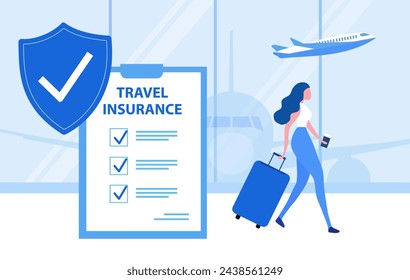 Travel insurance concept. Travel insurance policy with airplane, luggage and protection shield on smartphone vector illustration