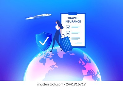 Travel insurance concept. Travel insurance policy with airplane, luggage and protection shield on smartphone vector illustration
