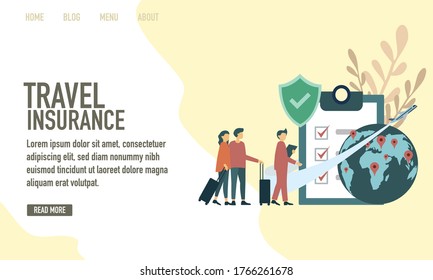 Travel Insurance Concept for Poster, Web Site, Advertising like Hand, Policy, Family, Aircraft and Medicine Chest.